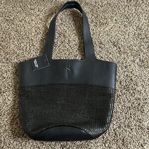 Symply Vera Wang Synthetic Straw/Leather Black Tote Purse